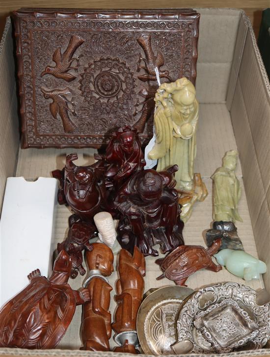 A group of Chinese wood figures and a Burmese box and metalware